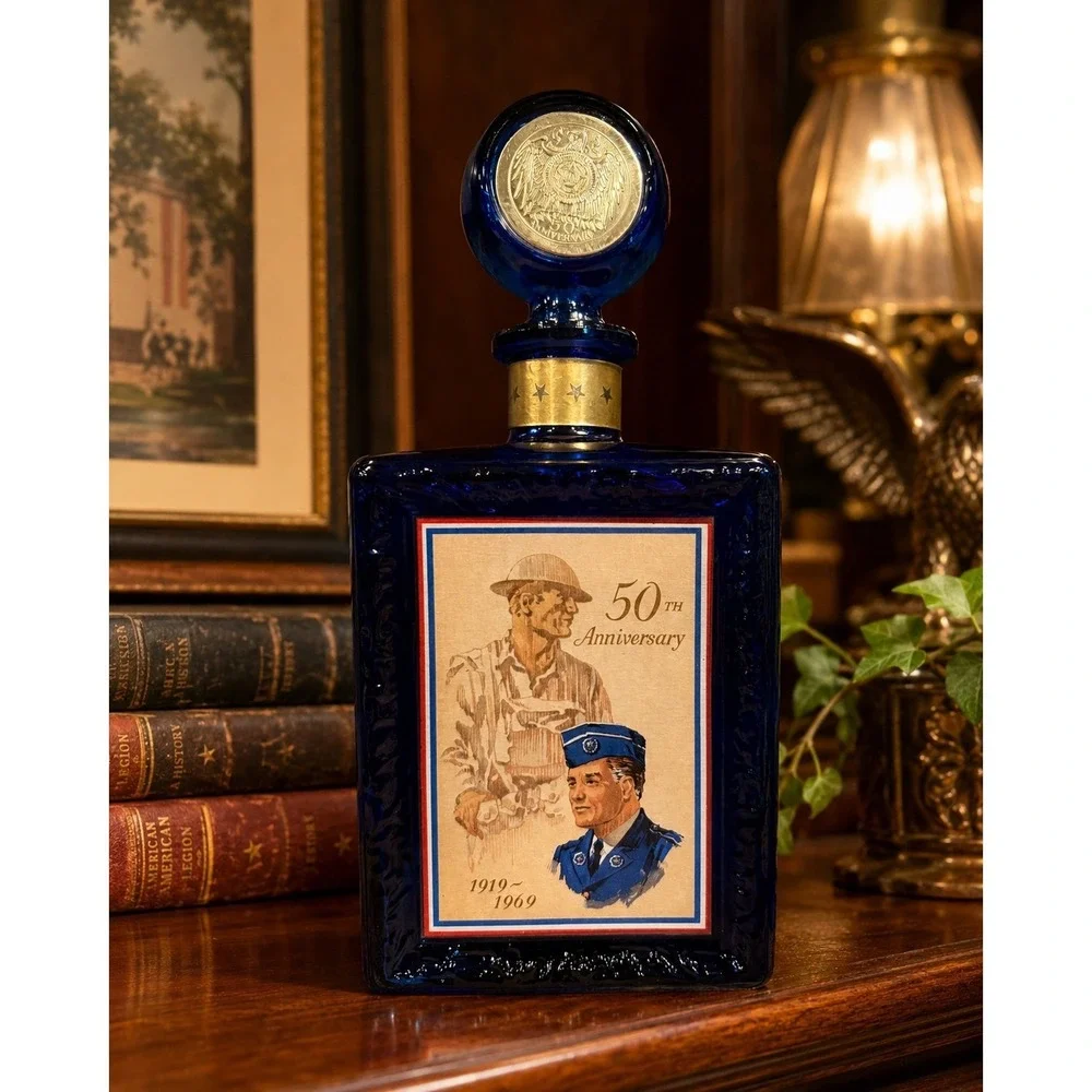 Vintage JW Dant American Legion 50th Anniversary Cobalt Blue Glass Decanter 1969